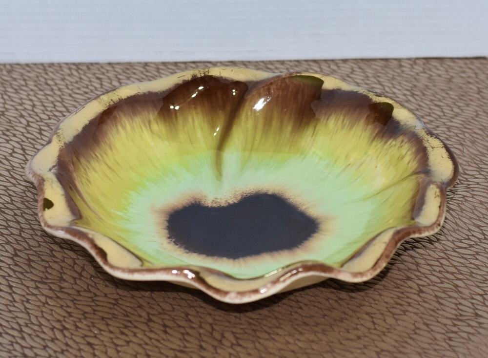 Bay Keramik West German MCM Pansy Flower Yellow Green & Gold Glaze Ceramic Bowl
